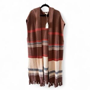 Striped Knit Sweater Vest Kimono Fringe Hood Boho Western